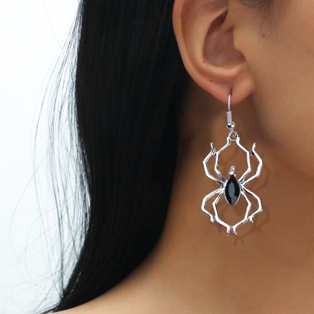 Any 2/$20! Silver & Black Gem Spider Drop Earrings - Picture 2 of 8